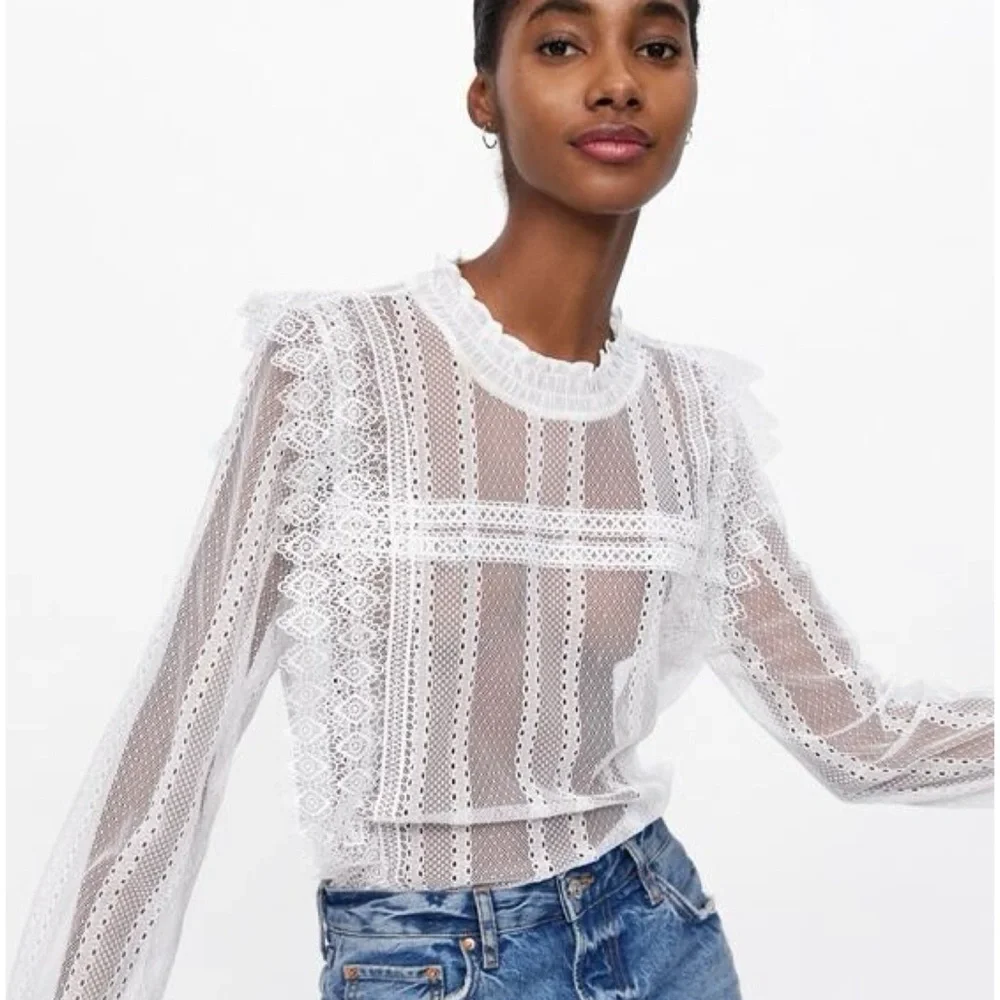 NWOT Zara White Lace Sheer Blouse Top Size S
